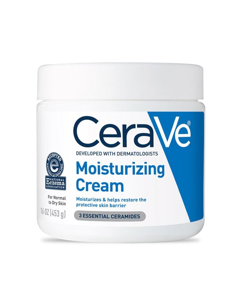 CeraVe Moisturizing Cream is shown in a white jar with blue and green accents.