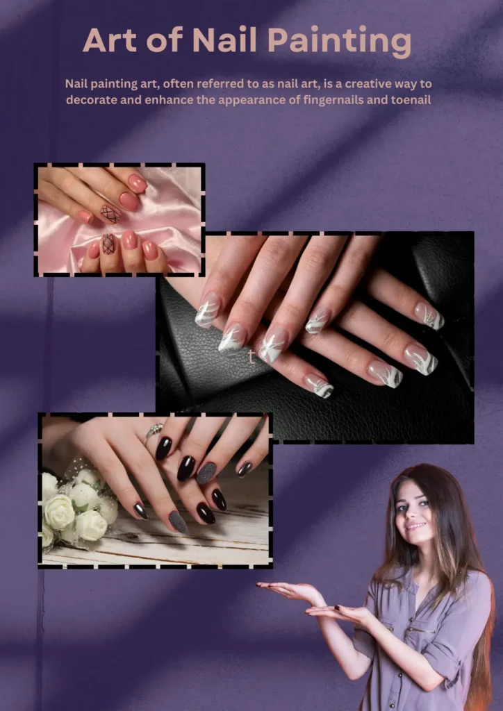 An informative poster displaying diverse nail painting techniques, highlighting unique styles and artistic designs for nail lovers.