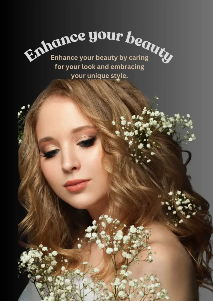 A woman with a floral hairpiece smiles next to a colorful poster that says "Enhance Your Beauty" in bold letters.