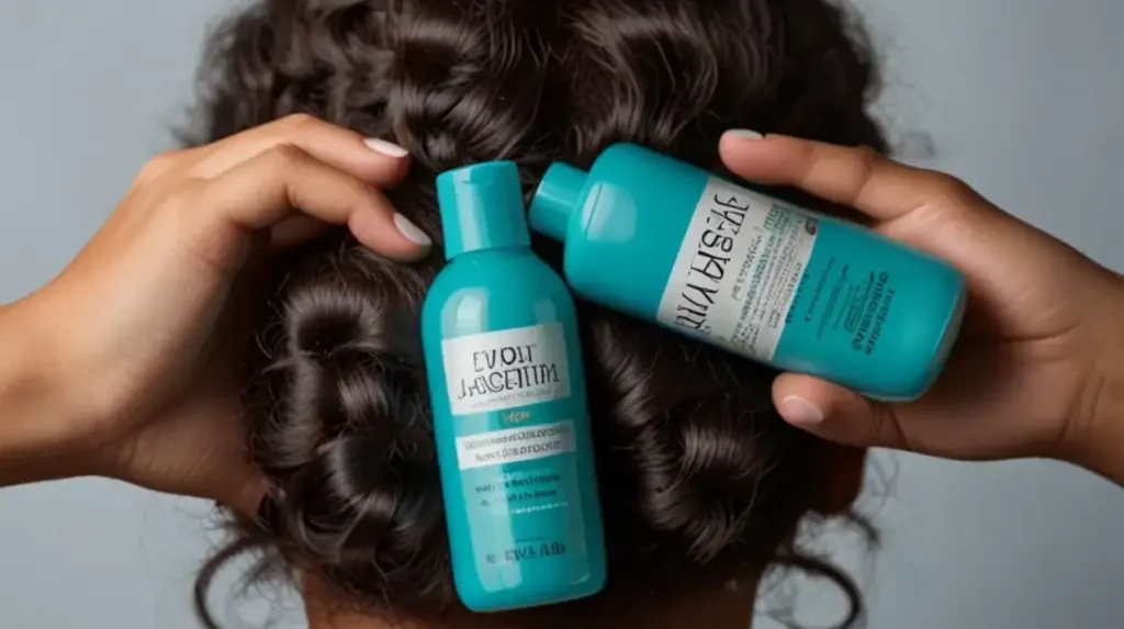 A woman holds two bottles of hair care products, showcasing her selection for hair maintenance and styling.