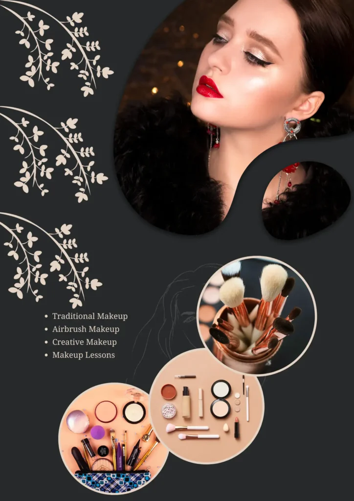 An eye-catching poster displaying diverse makeup products, from lip glosses to eyeshadow palettes, perfect for beauty enthusiasts.