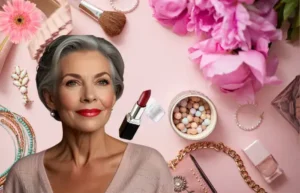 A woman with gray hair elegantly styled, wearing bold red lipstick, exuding confidence and sophistication.