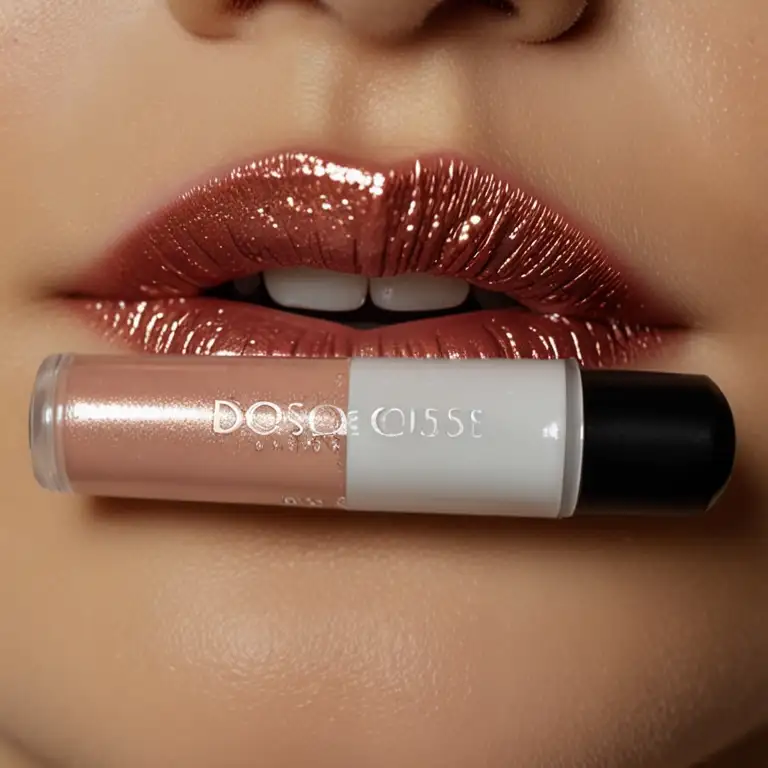 Metallic lip gloss from Dose of Colors Shimmer Stick enhances a woman's lips, reflecting light with a stunning shimmer.