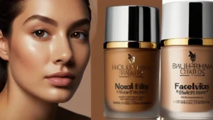 A close-up of a foundation bottle designed for oily skin, highlighting its ability to minimize the appearance of large pores.