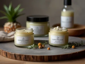 Three jars of body butter arranged beside a fresh pineapple, showcasing a vibrant and tropical aesthetic.