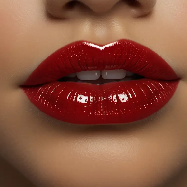 A close-up view of a woman's lips adorned with vibrant red lipstick, showcasing a glossy and alluring finish.