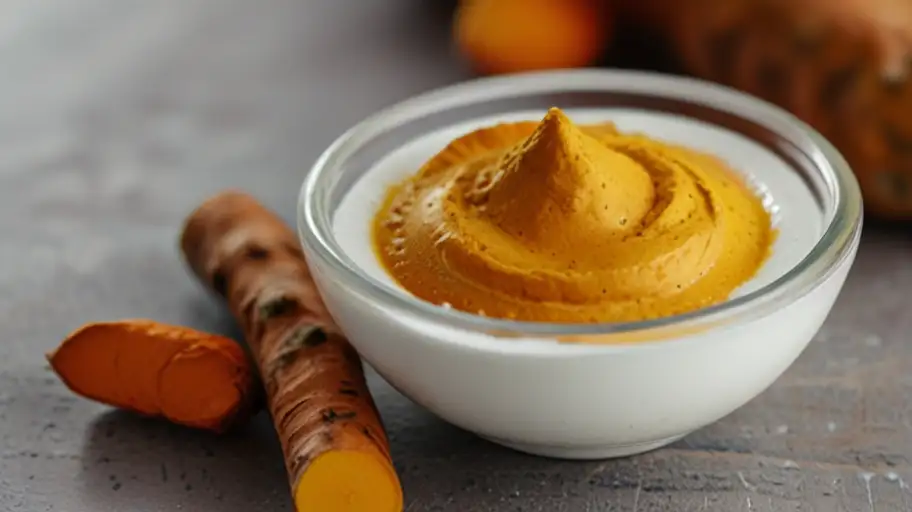 1. A glass bowl of turmeric curd surrounded by turmeric powder and root on a wooden table, perfect for a turmeric yogurt mask.