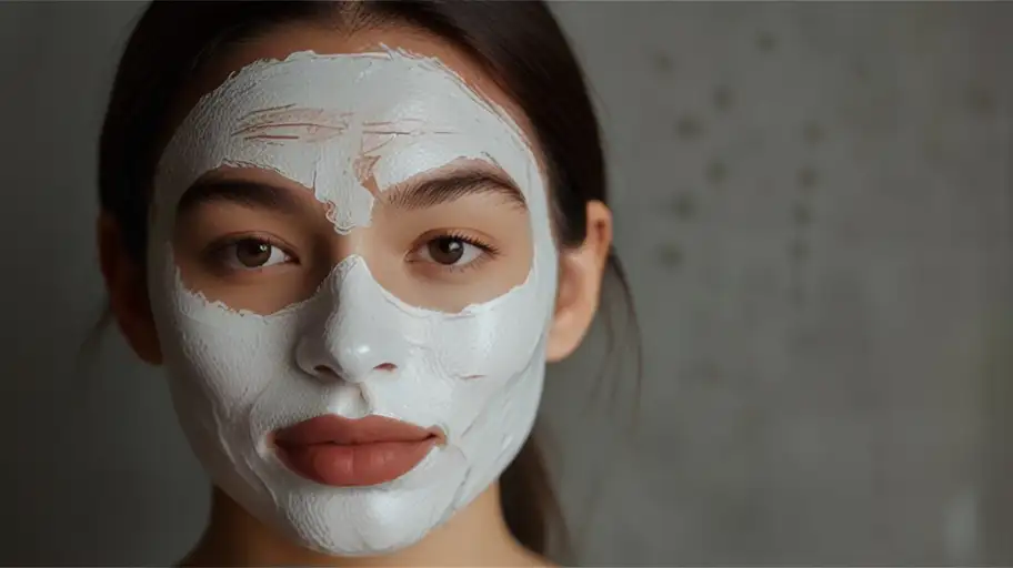 A woman wearing a white face mask, looking calm and composed, with her eyes visible and a soft expression.