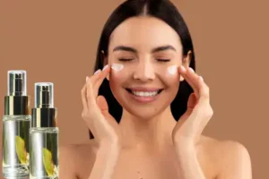 Display of various water-based primers for skin care. A woman apply primer on her face.