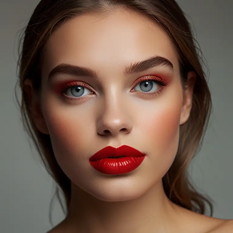 A beautiful young woman with striking red lips and expertly applied makeup, exuding confidence and elegance.