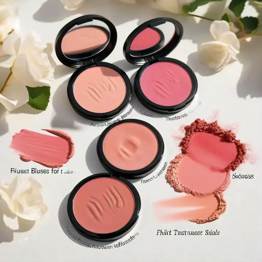 Four distinct shades of blush powder arranged in a palette, showcasing a variety of colors for makeup application.