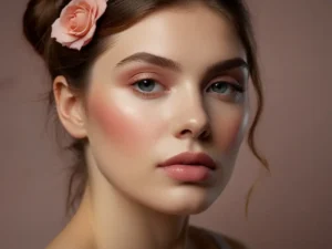 A beautiful woman with pink makeup and blush, adorned with a flower in her hair, exuding elegance and charm.