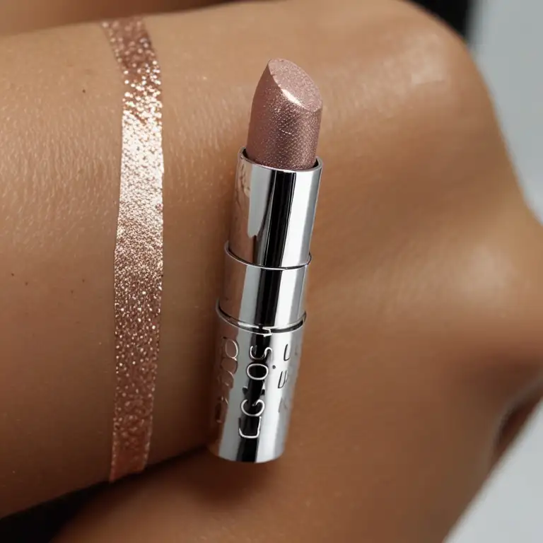  A detailed view of a woman's arm highlighting a shimmering metallic lipstick, specifically the Dose of Colors Shimmer Stick.