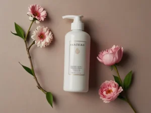 An arrangement of flowers with scented body lotion, beautifully presented on a neutral beige surface.