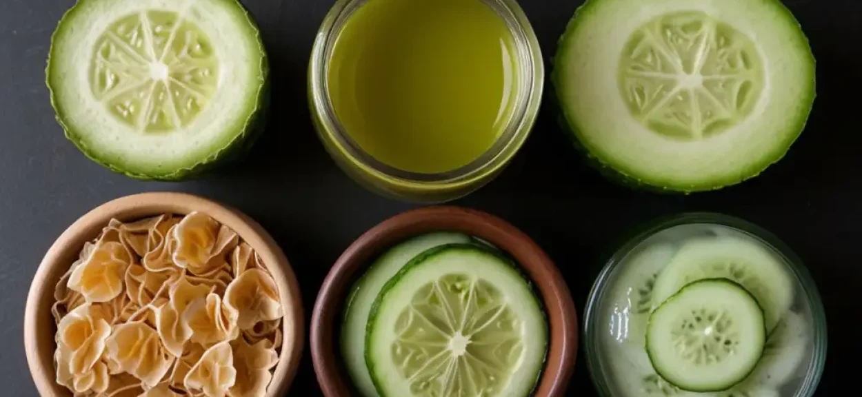 Essential Beauty Secrets: Bowls of cucumber, lemon, honey, and lemon juice for natural skincare remedies.